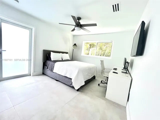a bedroom with a bed and flat screen tv