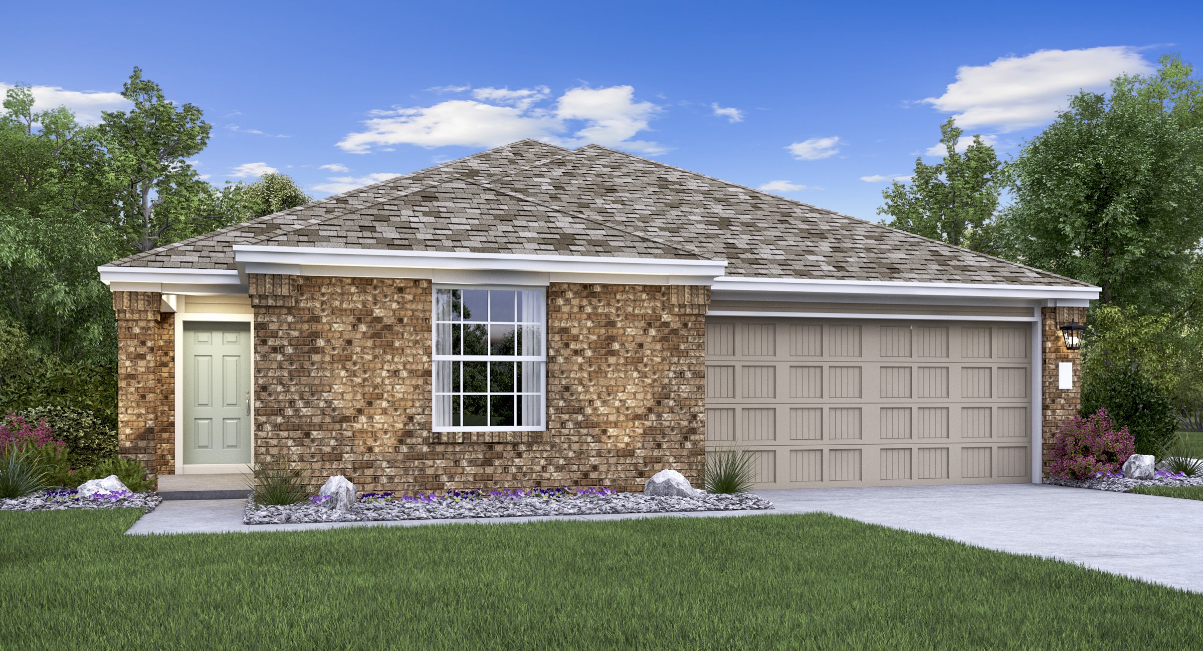 a front view of a house with a garden and yard