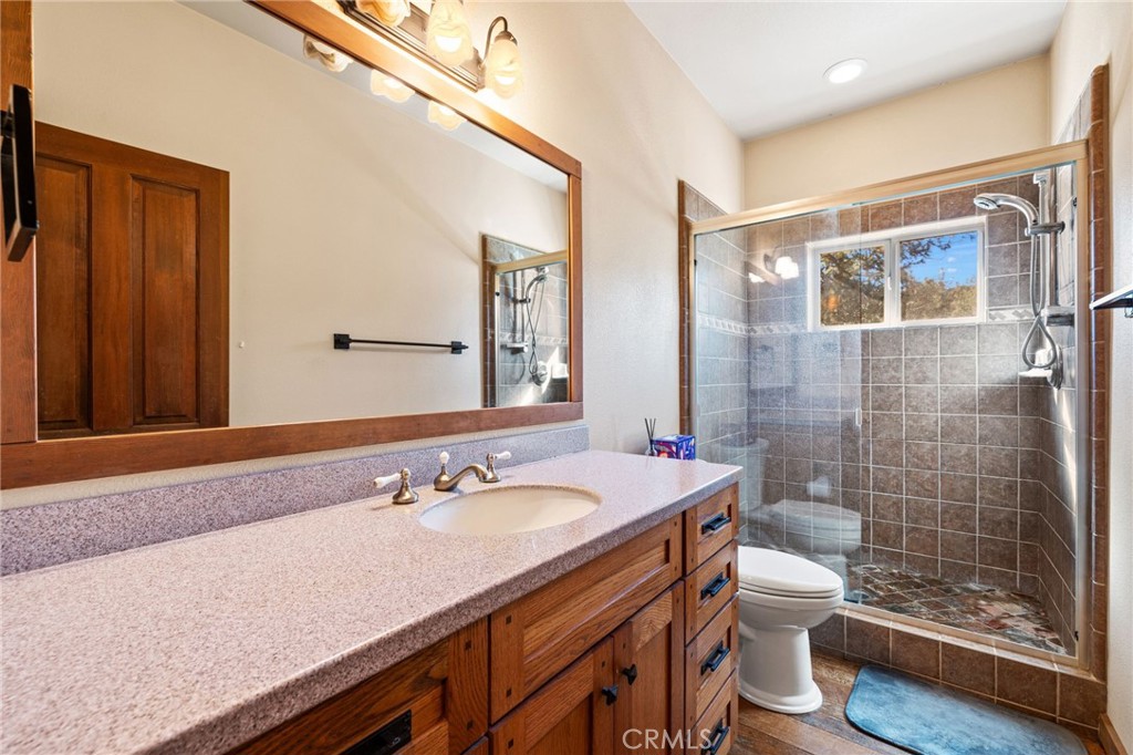 59331 Devils Ladder Road Mountain Center, CA 92561 - Photo 39 of 74 a bathroom with a granite countertop sink a toilet a mirror and shower