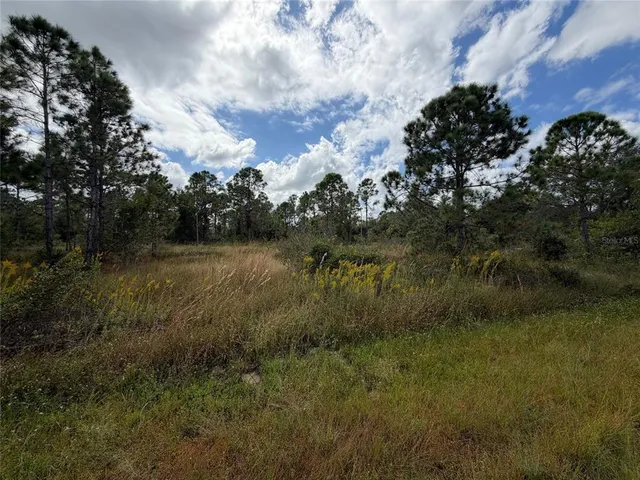 a view of a lake with houses in back