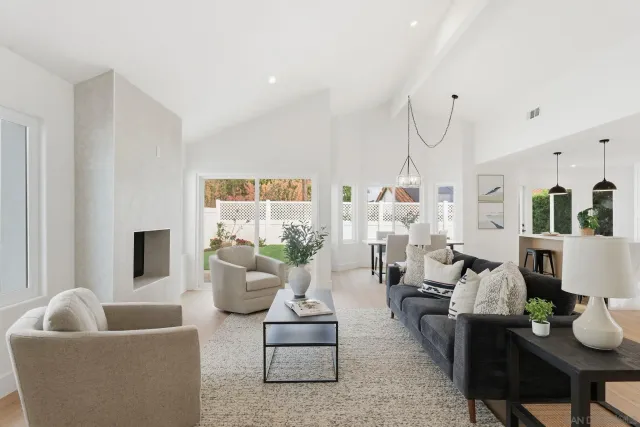 a living room with furniture kitchen view and a potted plant