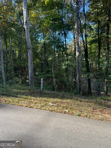 a view of a wooden house with large trees
