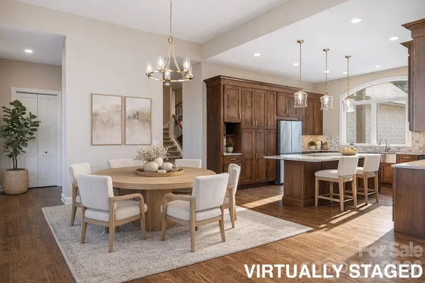 a view of a dining room with furniture