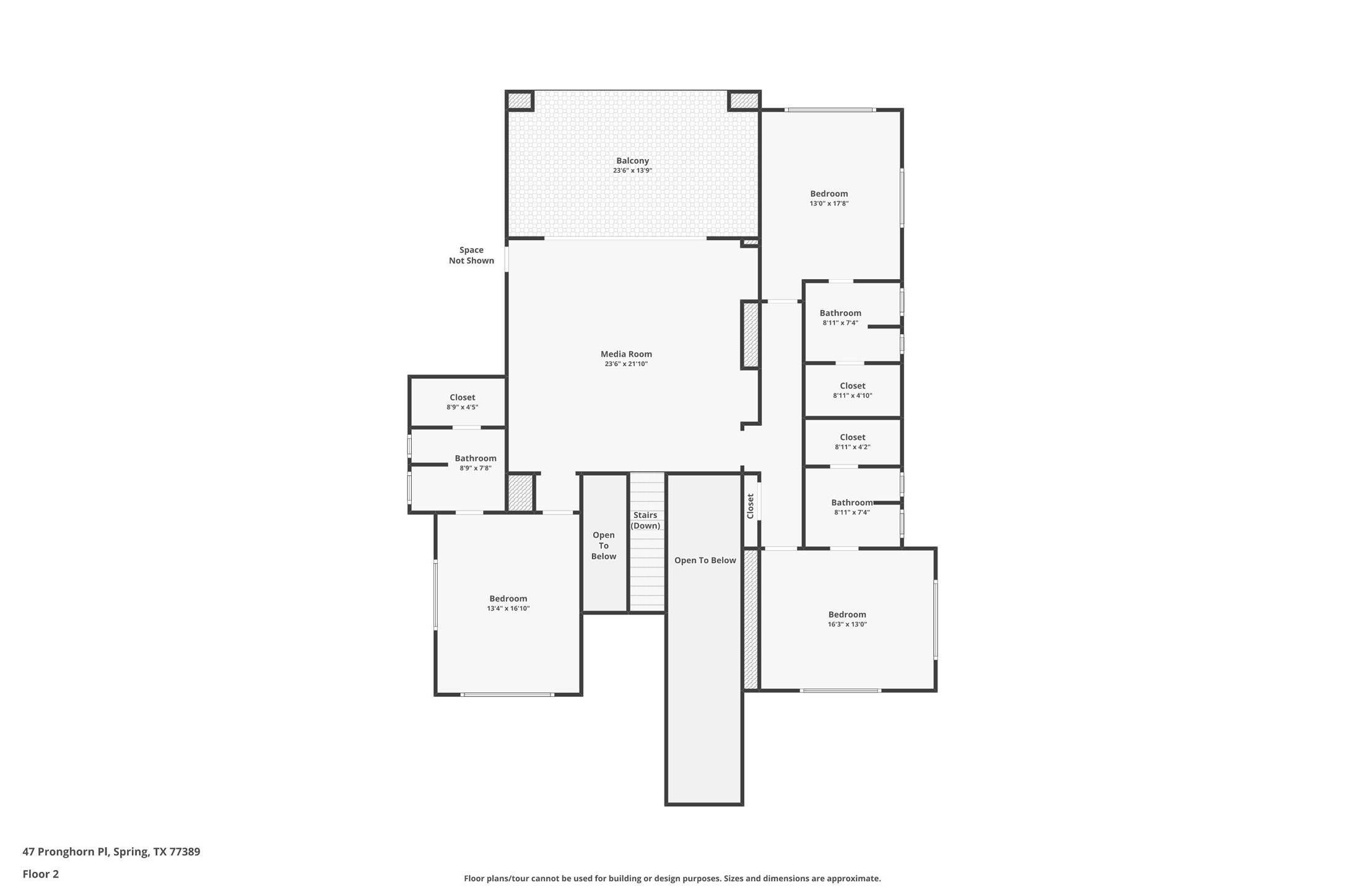 47 Pronghorn Place Spring, TX 77389 - Photo 44 of 44 This is a floor plan for the second story of a home located at 47 Pronghorn Pl, Spring, TX. It features a spacious media room, a large balcony, two bedrooms with attached bathrooms, ample closet space, and an open area above the first floor.