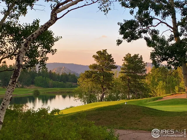 a view of a lake with a yard and large trees