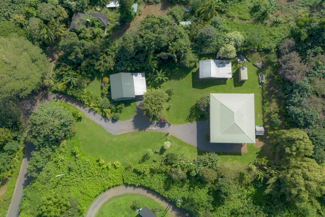 an aerial view of a house with a yard and trees