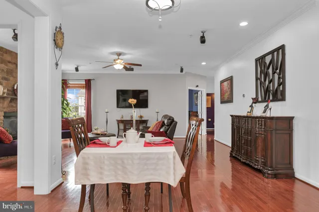 a view of a dining room with furniture and a potted plant