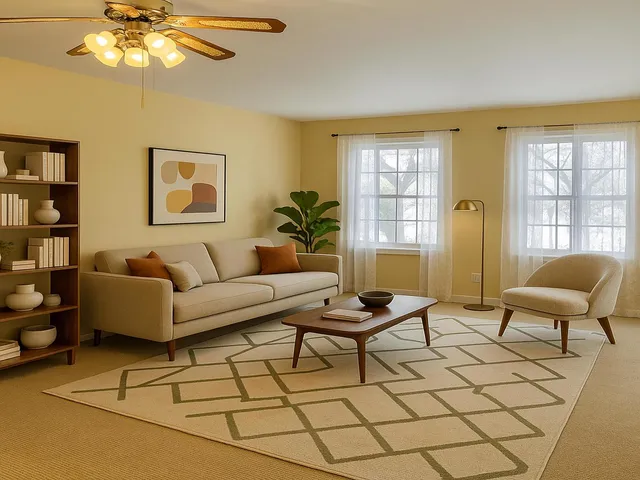 a living room with furniture a rug and a lamp