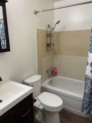 a white toilet sitting next to a bath tub