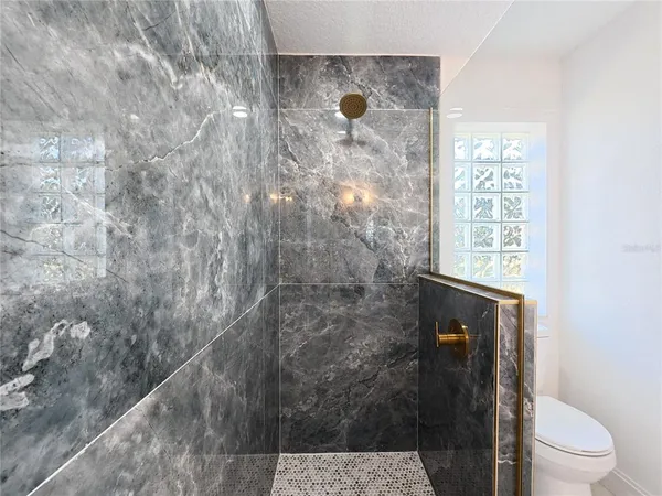 a bathroom with a toilet and a shower