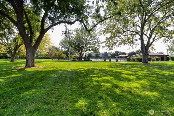 a view of grassy field with benches and trees all around