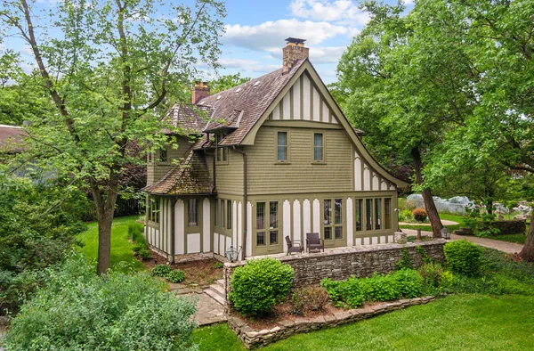 an aerial view of a house with a garden