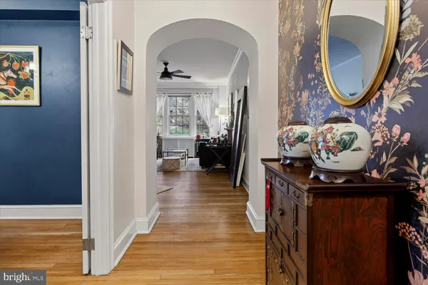 a hallway with wooden floor