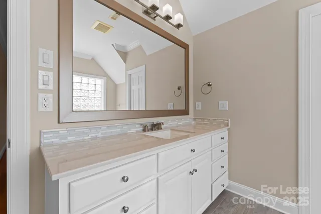 a bathroom with a sink a vanity and a mirror