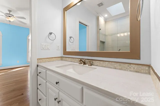 a bathroom with a sink and a mirror