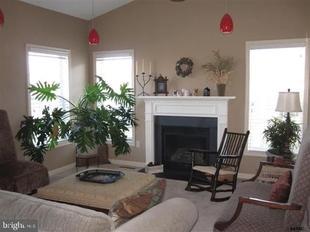 a living room with furniture and a fireplace