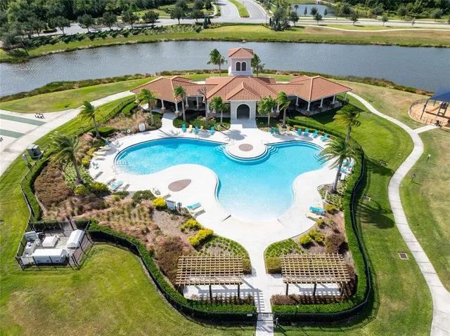 a view of a swimming pool with a yard