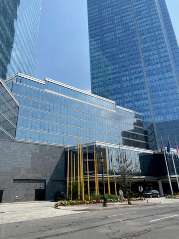 a view of a building with a street