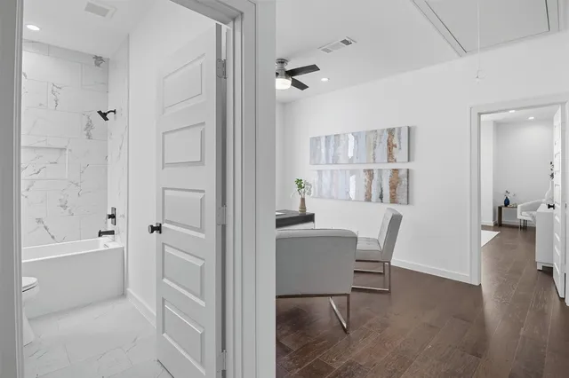 a workspace with furniture and window