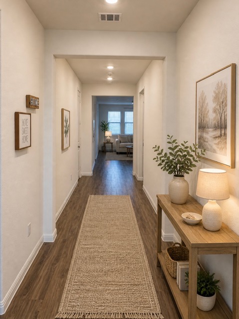 2016 Wooded Run Trail Georgetown, TX 78628 - Photo 2 of 16 Hallway featuring wood-finish flooring, recessed lighting, and crisp white baseboards