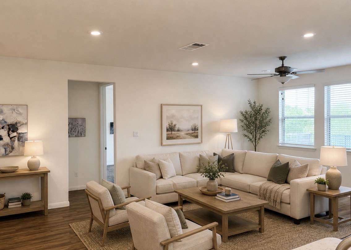 2016 Wooded Run Trail Georgetown, TX 78628 - Photo 3 of 16 Spacious living area featuring wood-finish flooring, recessed lighting, and a ceiling fan