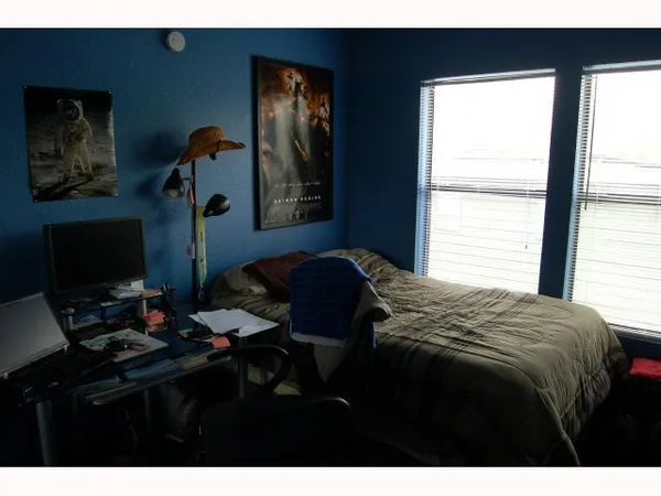 a bedroom with a bed and two windows