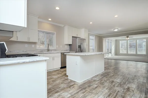 a kitchen with a stove a sink and a refrigerator