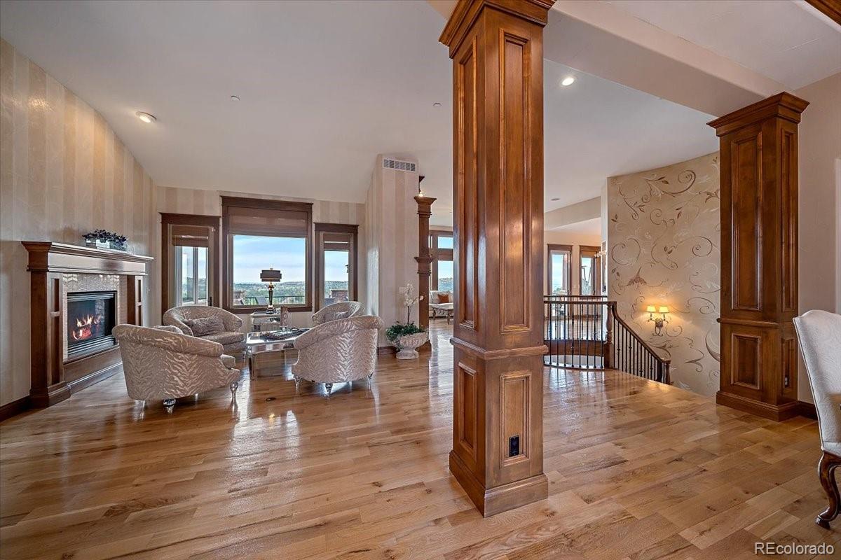 1254 Buffalo Ridge Road Castle Pines, CO 80108 - Photo 5 of 40 a living room with fireplace furniture and a wooden floor