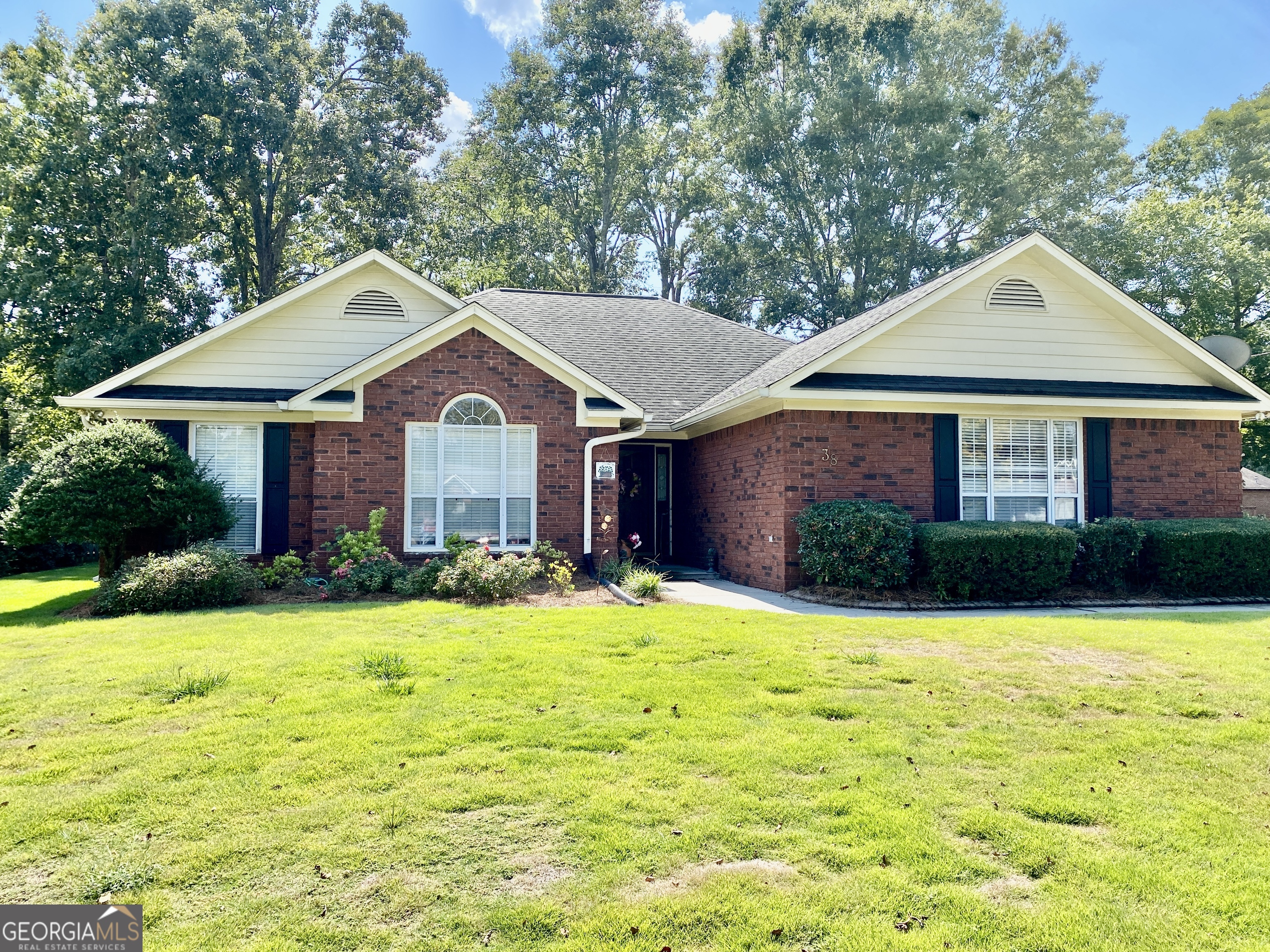 a front view of a house with yard and green space