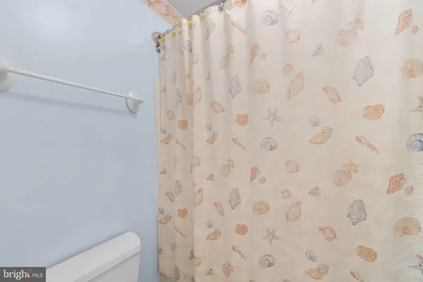 a bathroom with a shower curtain