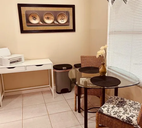 a table and chairs in a room