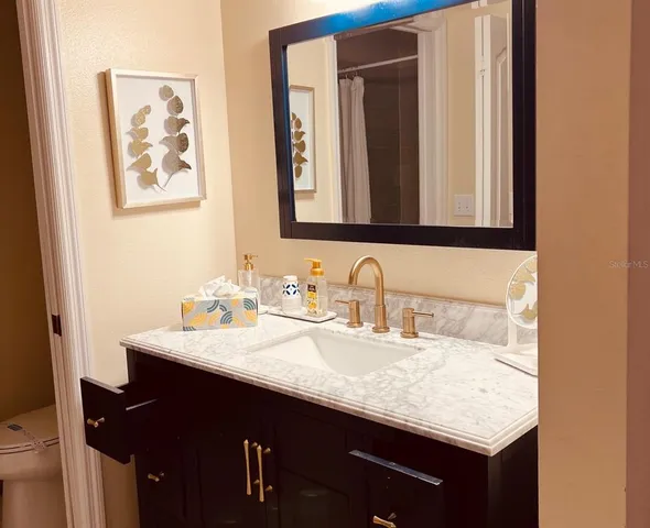 a bathroom with a sink vanity and a mirror