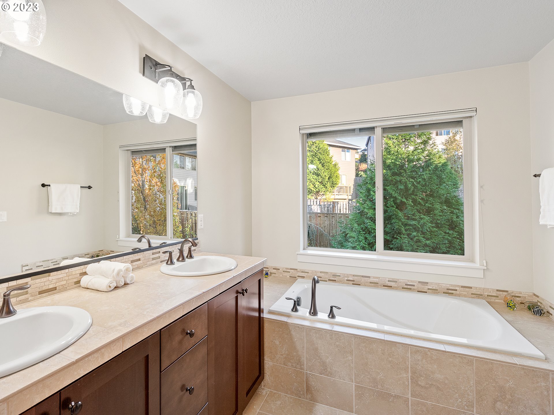 5420 Northwest 15th Circle Camas, WA 98607 - Photo 16 of 29 a bathroom with a granite countertop tub sink and mirror next to a window
