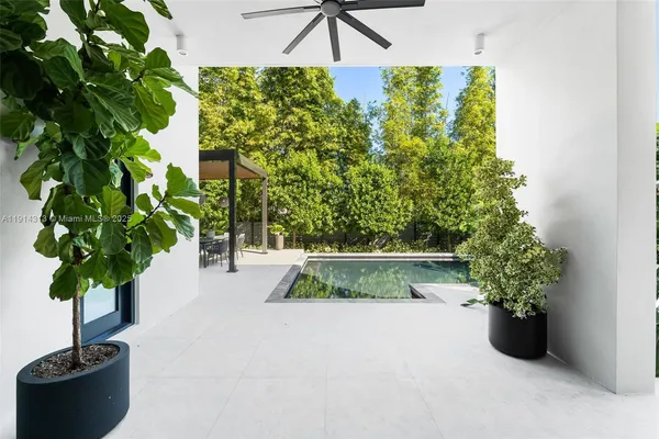 a view of a garden with a chair