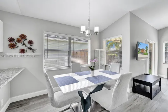 a view of a dining room with furniture window and outside view