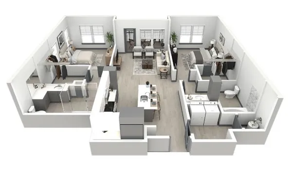 a living room with furniture and a view of kitchen