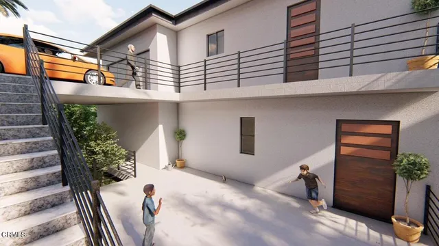a view of a house with a potted plant
