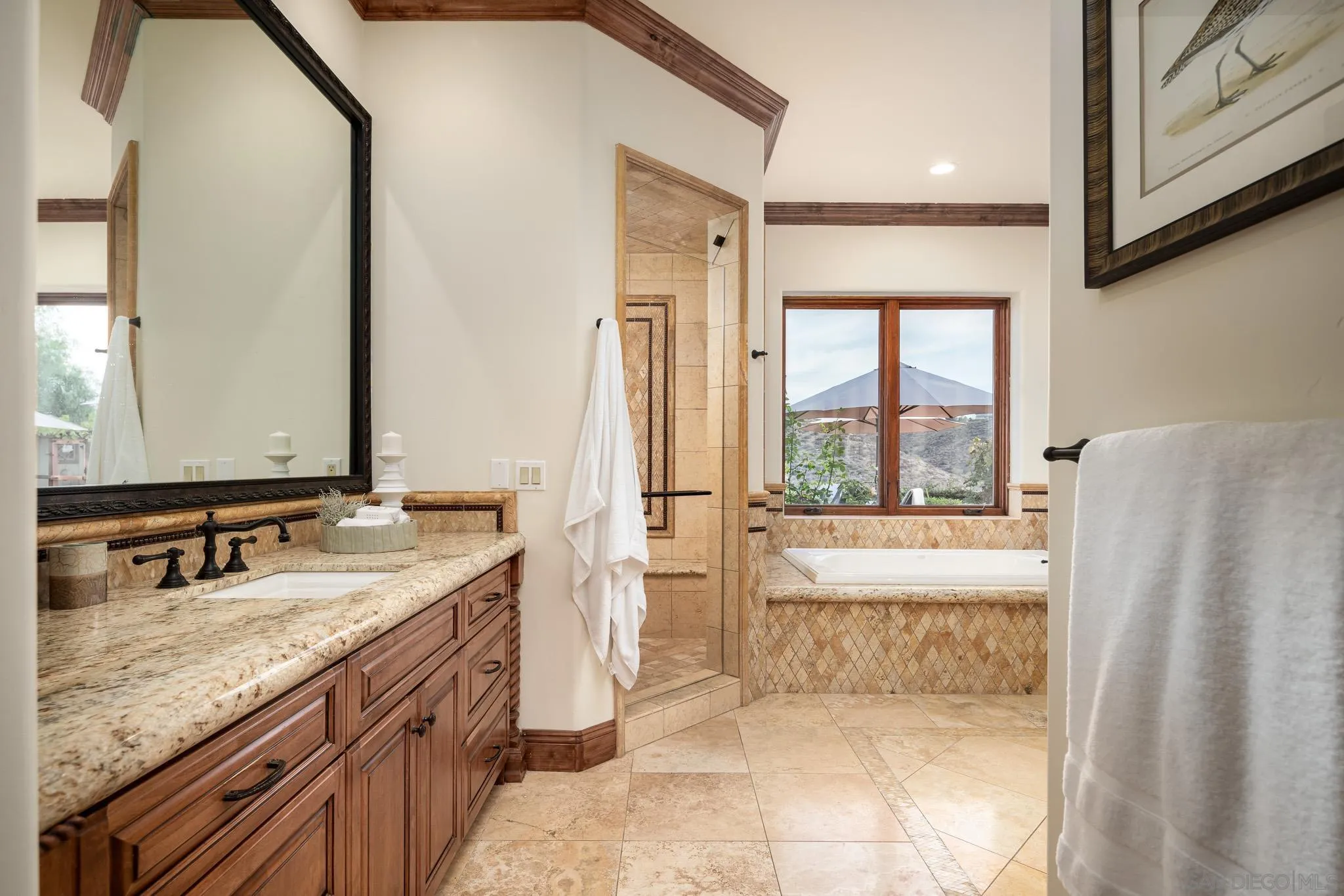 16531 Zumaque Street Rancho Santa Fe, CA 92067 - Photo 23 of 48 a spacious bathroom with a granite countertop tub sink and mirror