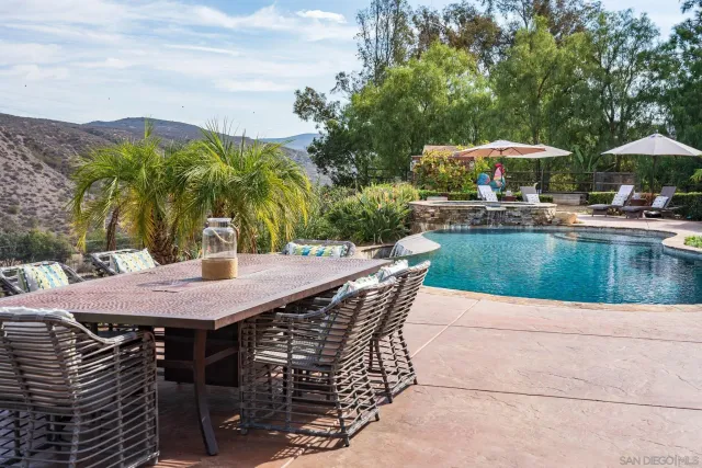 a view of a dinning table and chairs in patio of the house
