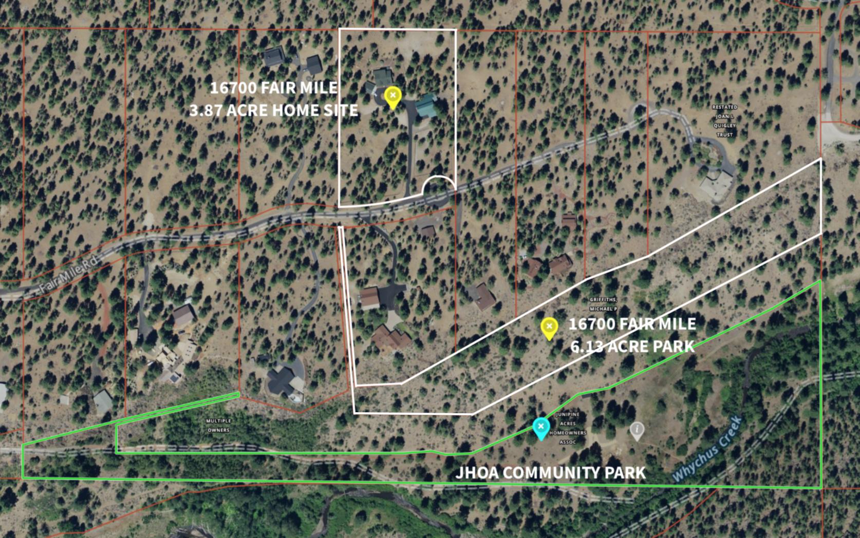 16700 Fair Mile Road Sisters, OR 97759 - Photo 3 of 60 2 parcels Outlined in White ? 3.86 Acres with Main House, Garage & RV Barn Plus 6.14 Acre Private Park with Mountain Views. Community Park Managed by the HOA Outlined in Green