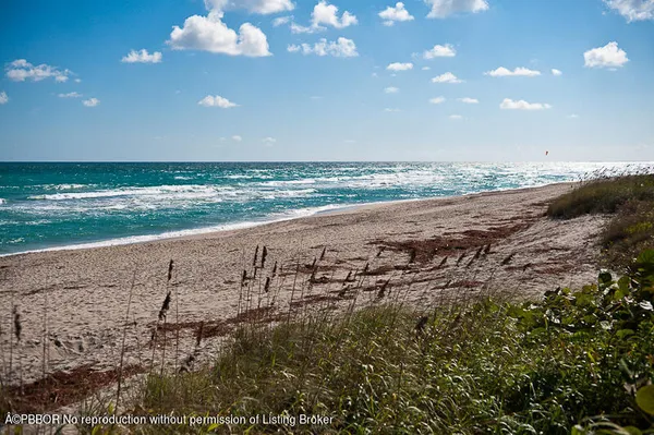 a view of an ocean beach and mountain