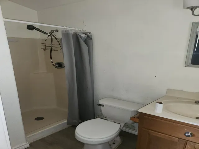 a bathroom with a shower toilet and sink
