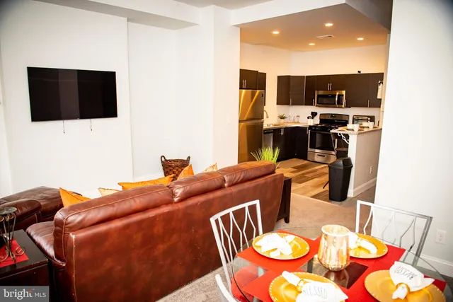 a view of a dining room with furniture