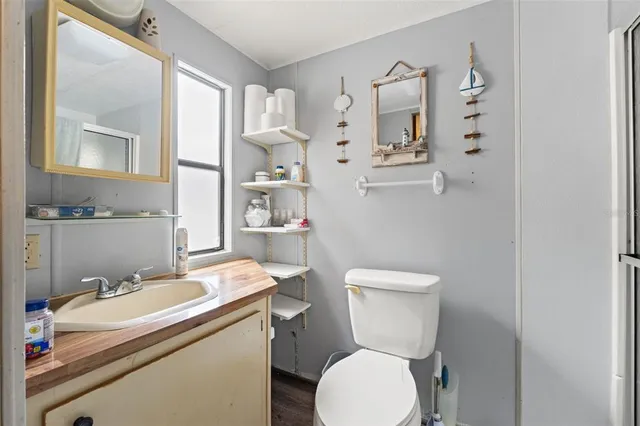 a bathroom with a sink toilet and mirror