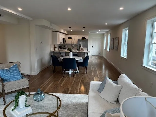 a living room with furniture a dining table and a potted plant