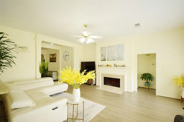 a living room with furniture a fireplace and a potted plant
