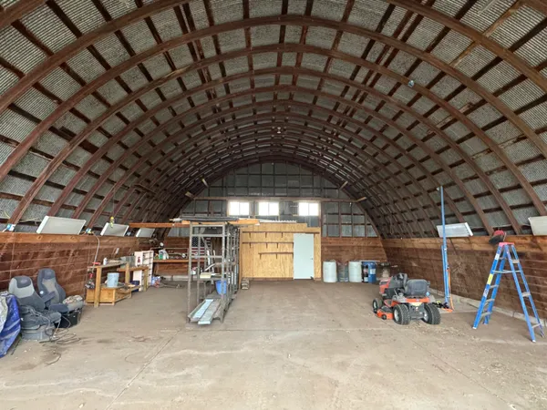 a view of a yard with plants and trees