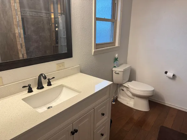a bathroom with a sink a toilet and mirror