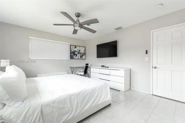 a bedroom with a bed and a flat screen tv