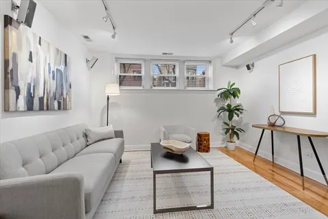 a living room with furniture and a potted plant